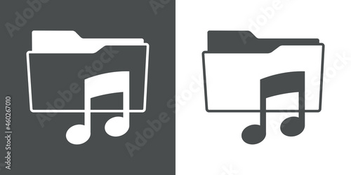 Lista de reproducción. Icono con silueta de carpeta con nota musical en fondo gris y fondo blanco