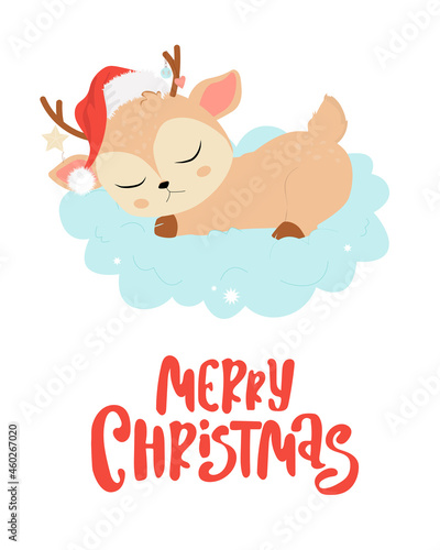 Christmas greeting card with cute cartoon sleeping fawn. Vector illustration