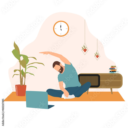 Man doing yoga at home. Sport online concept