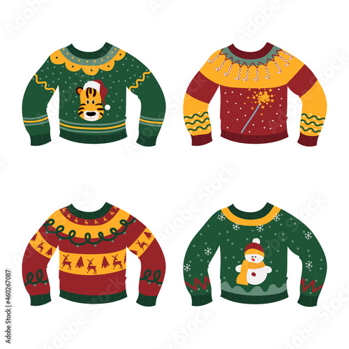 Hand drawn ugly sweater set. Christmas sweaters with cute ornaments illustration on white background
