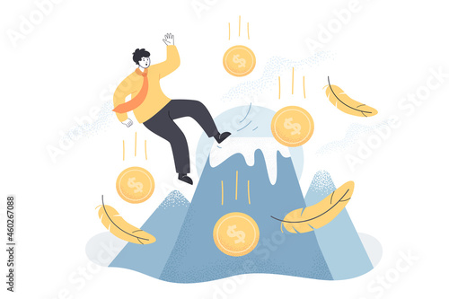 Unexpected failure, fall of businessman due to business mistake. Accident with careless man entrepreneur falling down, problem of career and money loss flat vector illustration. Bankruptcy concept