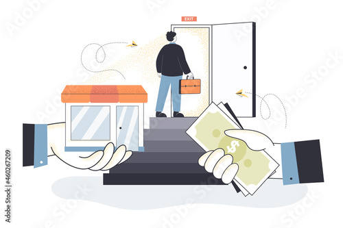Business owner selling company. Man bankrupt standing at open door for exit, hand of businessman changing small building for money flat vector illustration. Bankruptcy, change of ownership concept