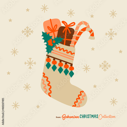 Boho Christmas stocking filled with gifts and candy cones. Bohemian Christmas socks isolated. Great symbol for Christmas cards, posters, stickers, wall art. Hand drawn in flat cartoon simple style