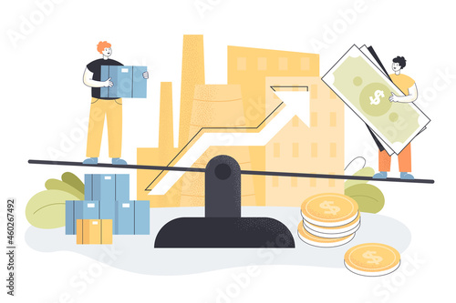 Business investors balancing on scales, achieving profit growth. Tiny people investing money in local factory production flat vector illustration. Dynamic finance balance of microeconomics concept
