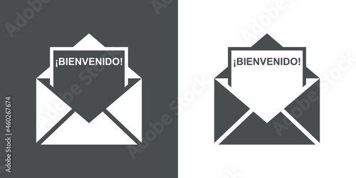 Icono con texto Bienvenido en español en silueta de hoja de papel en sobre abierto en fondo gris y fondo blanco