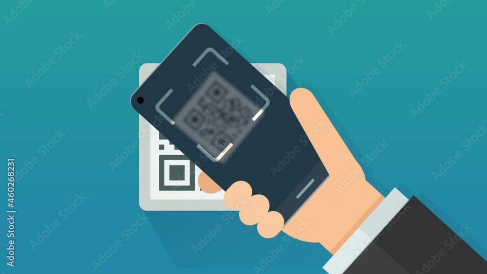 A hand scans a qr code tag with his smartphone and finds a valid result on blue background (flat design)