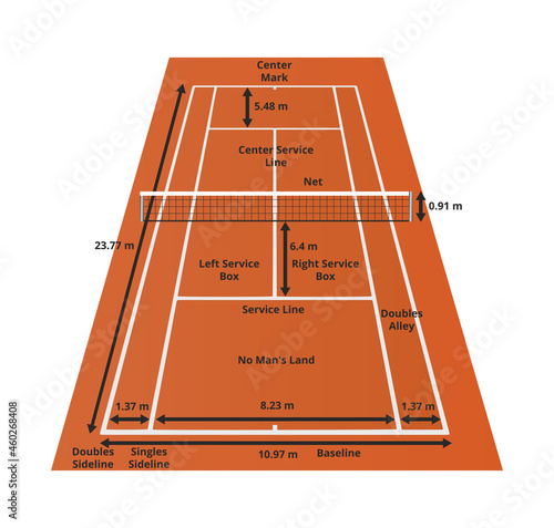 Vector illustration of tennis clay court with dimensions in meters – metric system and with tennis court layout or parts isolated on a white background. Areas and sizes of the tennis court.