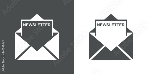 Icono con texto NEWSLETTER en silueta de hoja de papel en sobre abierto en fondo gris y fondo blanco