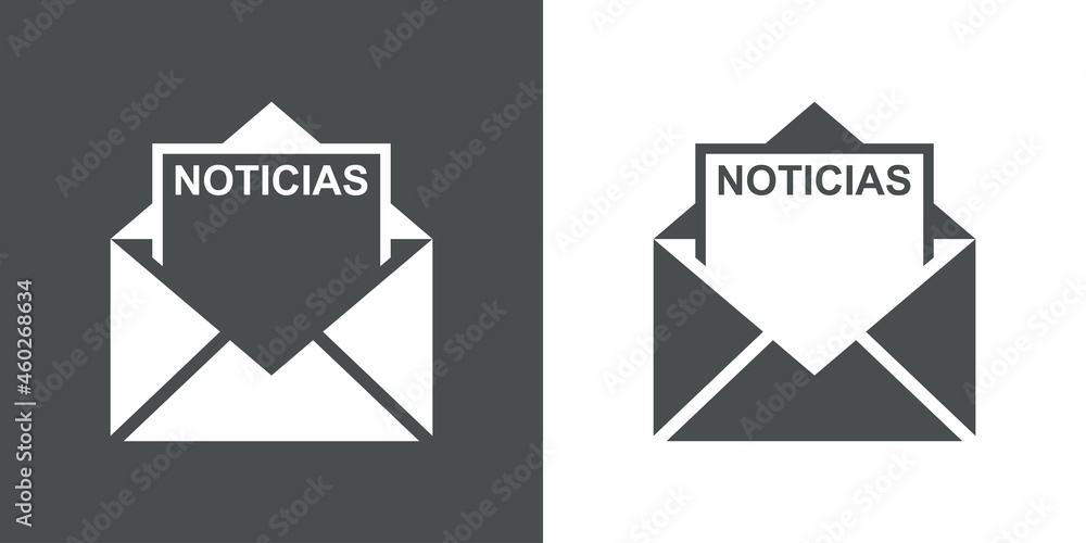 Icono con texto Noticias en español en silueta de hoja de papel en sobre abierto en fondo gris y fondo blanco Icono con texto Noticias en español en silueta de hoja de papel en sobre abierto en fondo gris y fondo blanco