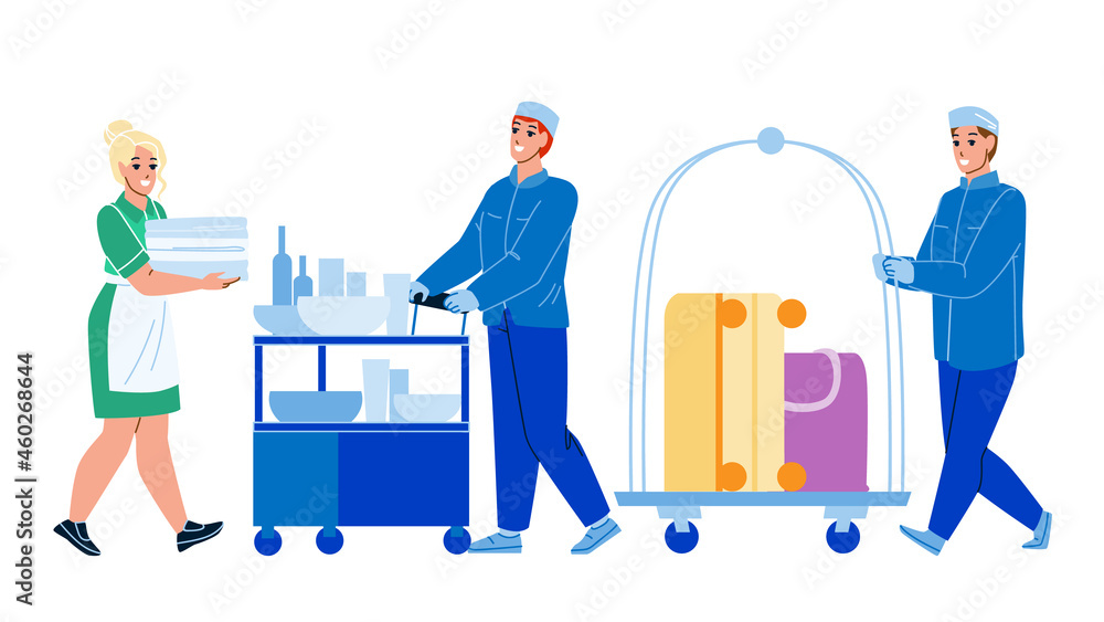 Hotel Room Service Servicing Client Set Vector. Woman Housemaid Carrying Linen, Man Carry Food And Luggage on Cart To Apartment. Characters Motel Workers Flat Cartoon Illustrations Hotel Room Service Servicing Client Set Vector. Woman Housemaid Carrying Linen, Man Carry Food And Luggage on Cart To Apartment. Characters Motel Workers Flat Cartoon Illustrations