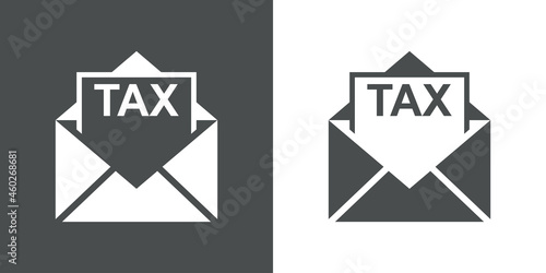Icono con texto Tax en silueta de hoja de papel en sobre abierto en fondo gris y fondo blanco