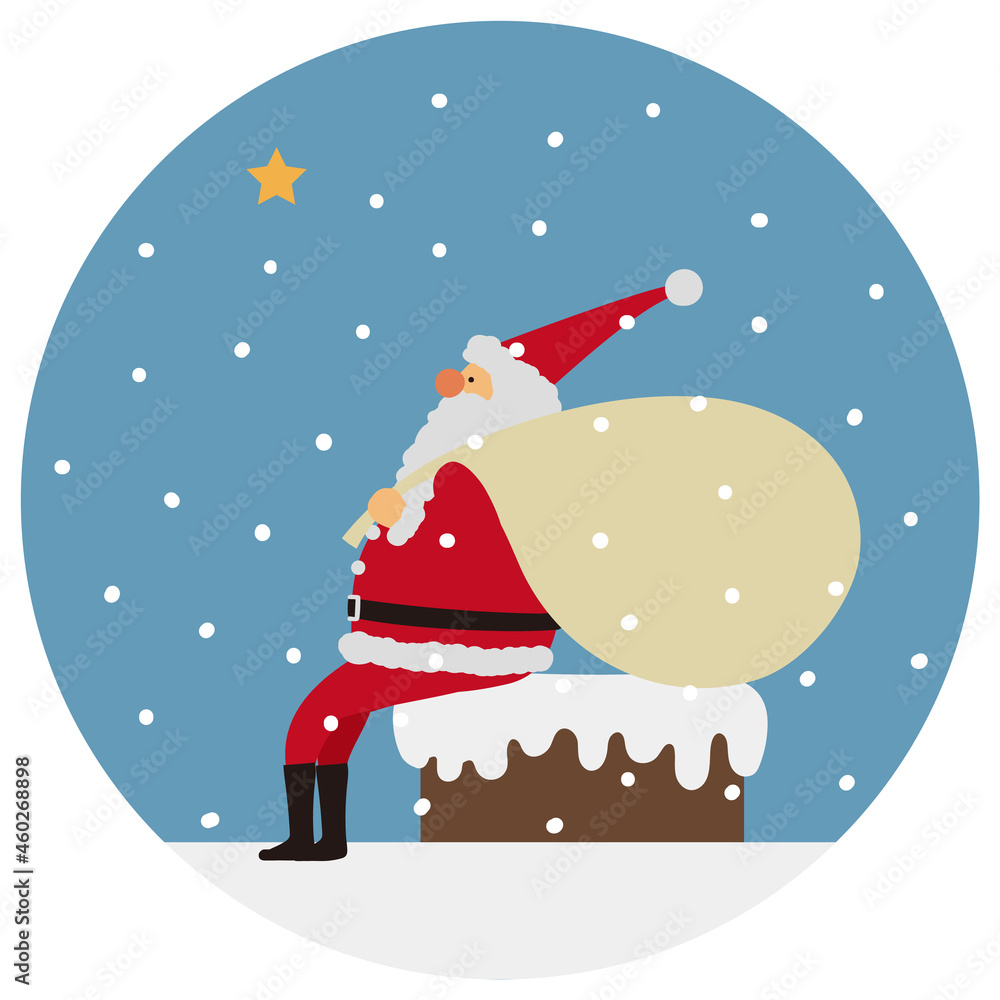 サンタクロースのイラスト 雪の夜にプレゼントの袋を持って煙突に腰かけ 星を見上げるサンタ Stock Vektorgrafik Adobe Stock