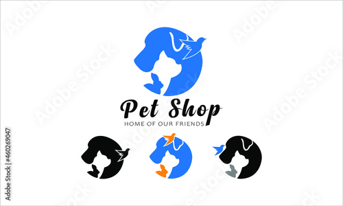 pets shop logo design, illustration vector graphic of cat, dog, bird, and rabit perfect for everyone, onlyn shop and company