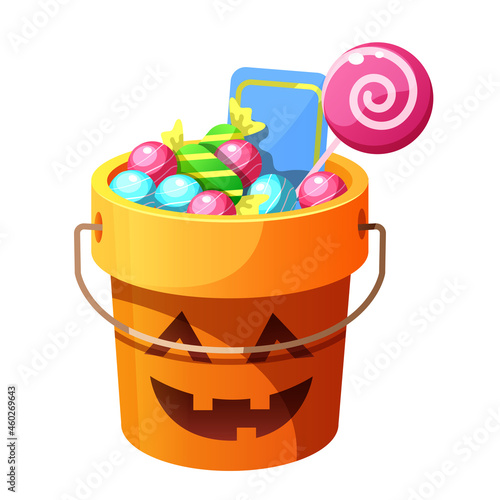 Bucket for Halloween with candies and sweets. Pumpkin trick or treat bag. Vector cartoon isolated on white background