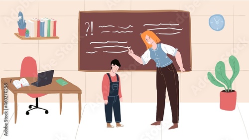 Vector cartoon flat teacher character swears,yells at student,upset boy depressed.Healthy in-school relationships,emotions,social behavior and psychology concept,web site banner ad design