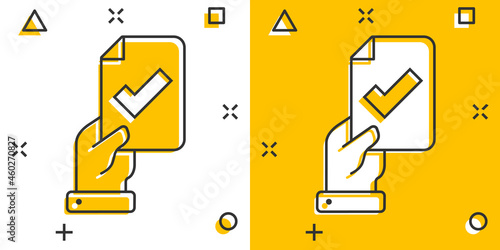 People hand with check mark icon in comic style. Accept cartoon vector illustration on white isolated background. Approval choice splash effect business concept.