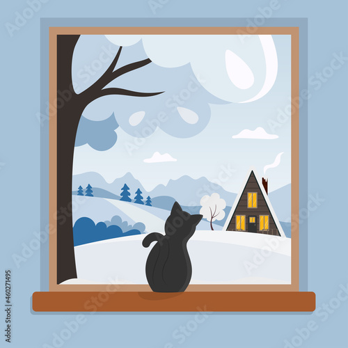 Window with winter landscape and cat sitting on the windowsill and looking outside. Countryside scene in flat style with cottage, fields and forest. Winter card concept. Vector illustration