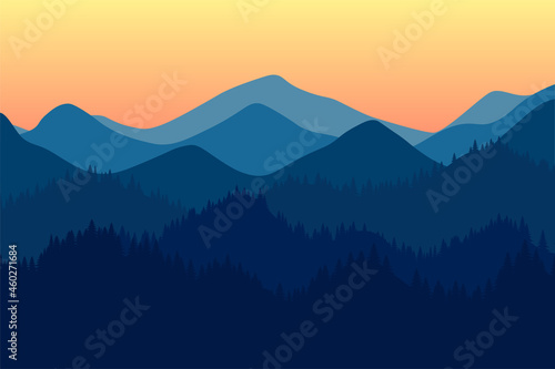 Mountains range morning or evening landscape with fog and forest. Sunrise and sunset in mountain rocks vector horizontal eps illustration