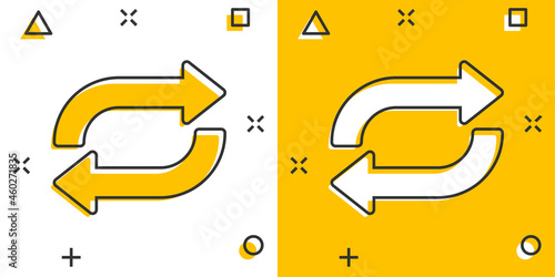 Arrow rotation icon in comic style. Sync action cartoon vector illustration on white isolated background. Refresh button splash effect business concept.