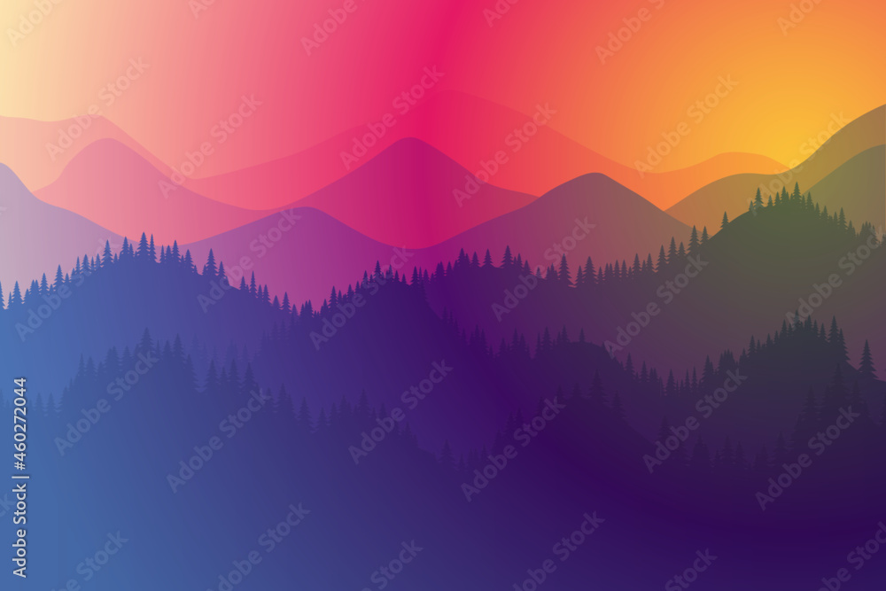 Mountains range morning or evening landscape with fog and forest. Sunrise and sunset play of colors and light in mountain rocks vector horizontal eps illustration - obrazy, fototapety, plakaty 