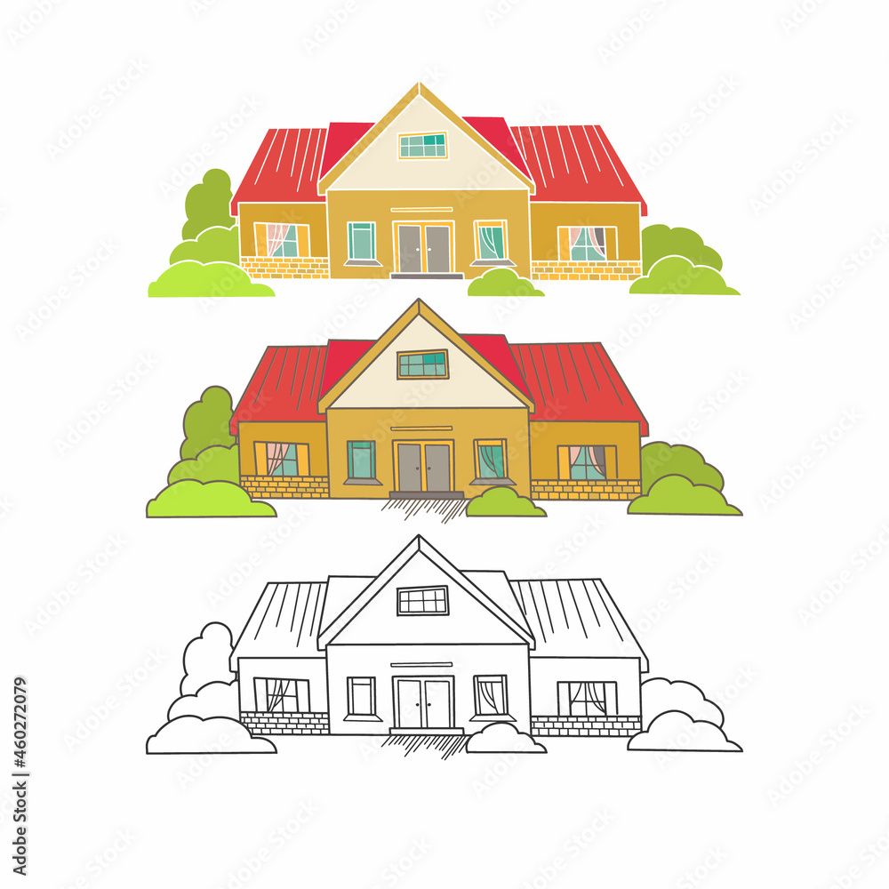 Hand drawn cottage houses in cute cartoon style. Colorful modern townhouse building sketch. Old houses, City buildings, Doodle decorative elements collection. Creative vector illustration.

