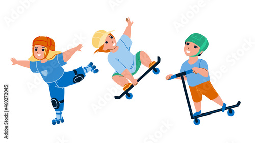 Children Enjoying In Extreme Skate Park Vector. Boy And Girl Kids Riding Skate Board, Rollers And Kick Scooter Together. Characters Infant Riders Active Sport Time Flat Cartoon Illustration