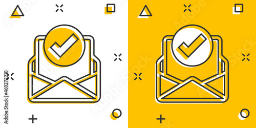 Envelope with confirmed document icon in comic style. Verify cartoon vector illustration on white isolated background. Receive splash effect business concept.