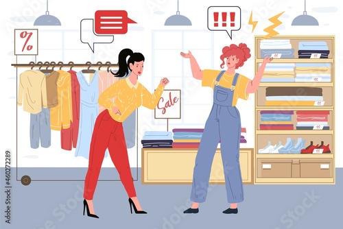 Vector cartoon flat seller and angry customer characters quarreling in clothing store.Anger management,purchase return,work with client objections,service quality concept,web site banner ad design