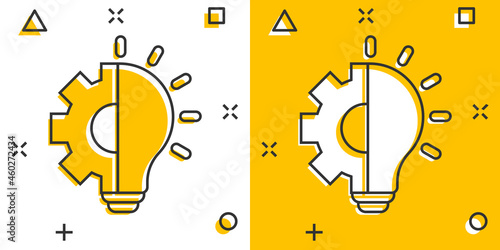 Innovation icon in comic style. Lightbulb with cogwheel cartoon vector illustration on white isolated background. Idea splash effect business concept.