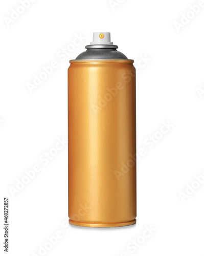 Can of golden spray paint isolated on white. Graffiti supply