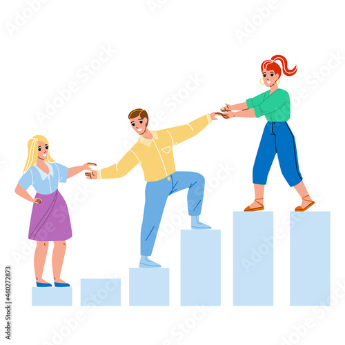 Mentor Helping Employee For Achievement Vector. Woman Mentor Help Man And Guy Help Girl For Growth Work Career Or Consult For Increase Income. Characters Business Flat Cartoon Illustration