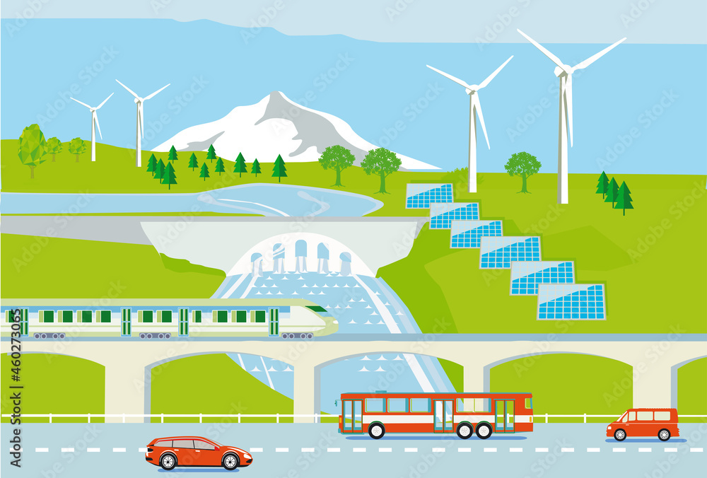 Windkraftanlagen, Wasserkraftwerk und Sonnenenergie, mit Elektro-Fahrzeugen und Passagierzug, illustration