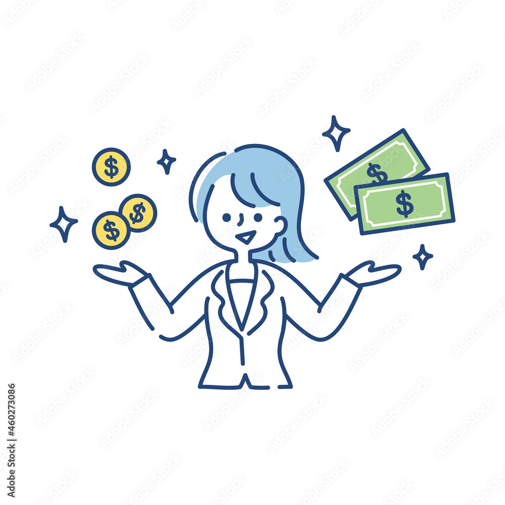 お金と笑顔の女性のイラスト（ドル）