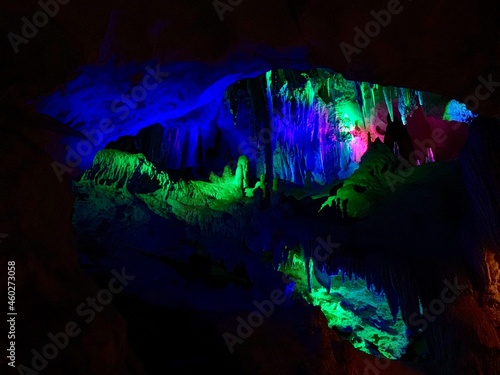 Colorful lights on stones inside of the Jenolan Caves, Blue Mountains, Sydney, NSW Australia  photo