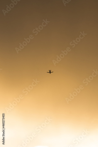Airplane in the sunset sky. Airplane in flight