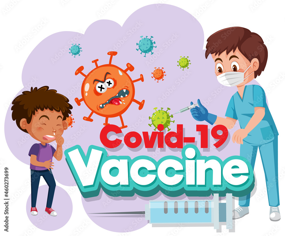 Doctor and kid patient cartoon character with Covid-19 vaccine font Doctor and kid patient cartoon character with Covid-19 vaccine font