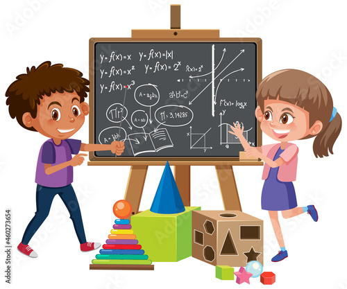 Students writing math formula on blackboard