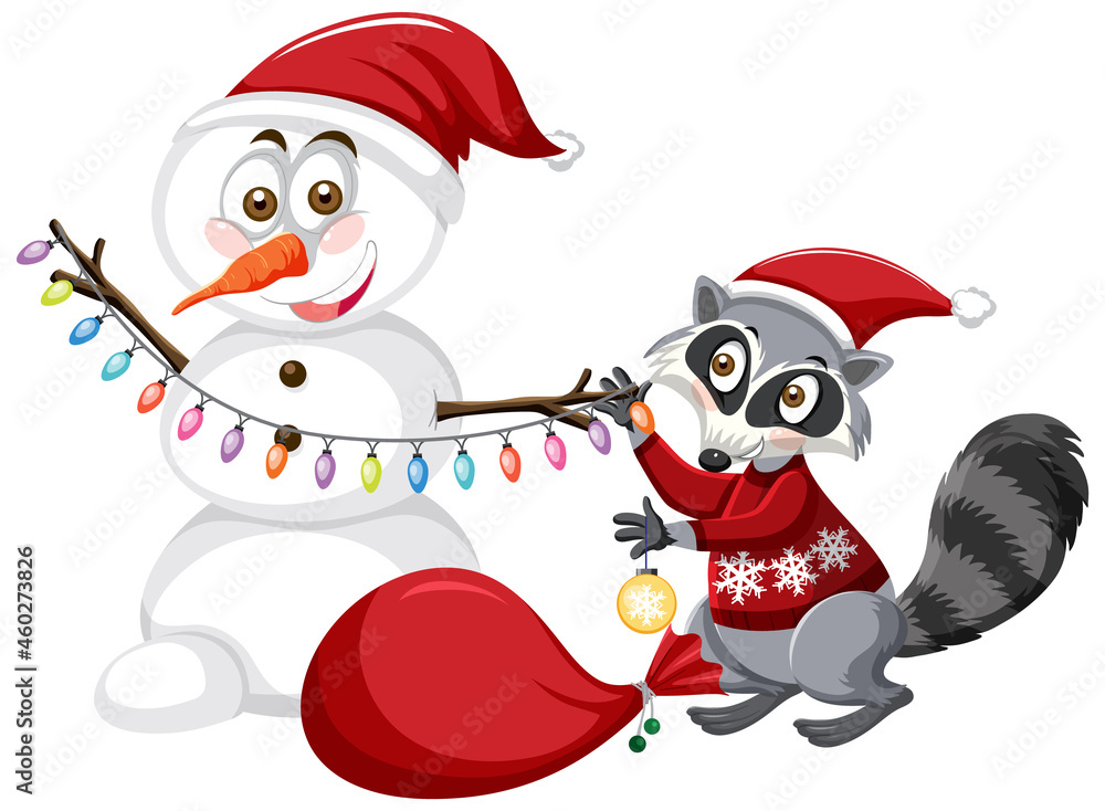 Cute Raccoon and Snowman wearing Christmas hat cartoon character Cute Raccoon and Snowman wearing Christmas hat cartoon character