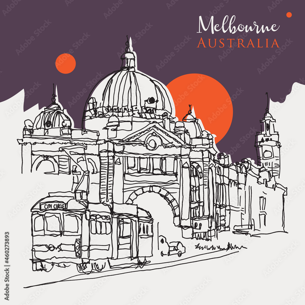 Drawing sketch illustration of Flinder Street Central Station in Melbourne, Australia
