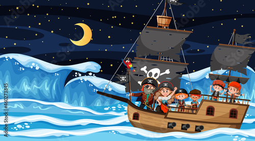 Ocean scene at night with Pirate kids on the ship