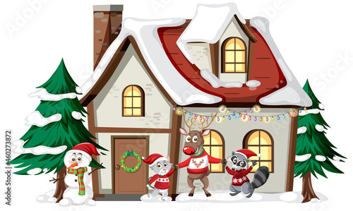 Christmas house with animals cartoon characters