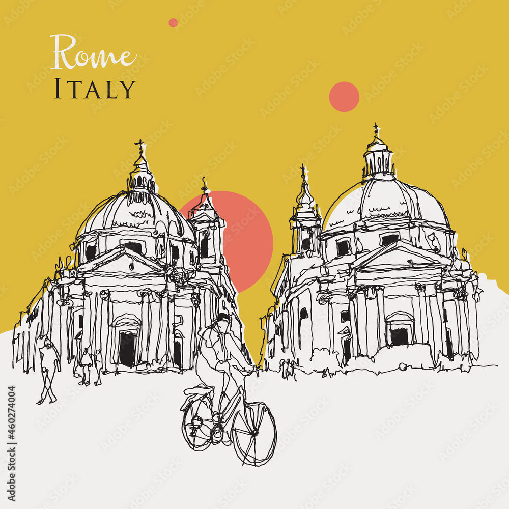 Drawing sketch illustration of the Twin Churches in Rome, Italy