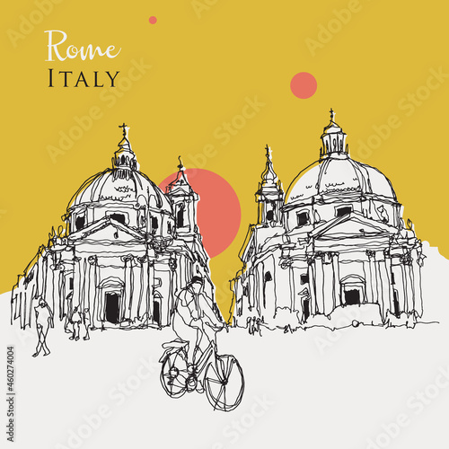 Canvas Print Drawing sketch illustration of the Twin Churches in Rome, Italy