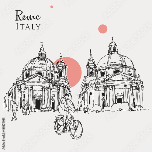 Photography Drawing sketch illustration of the Twin Churches in Rome, Italy