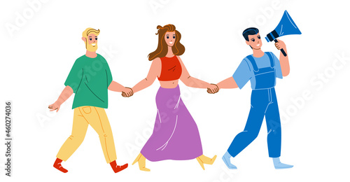 Man Refer Friend Affiliate Partnership Vector. Man Screaming In Loudspeaker And Refer Friend For Earning Money In Internet Or Celebrate Event. Characters Recommendation Flat Cartoon Illustration