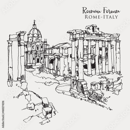 Drawing sketch illustration of the Roman Forum in Rome, Italy