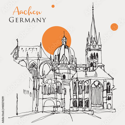 Drawing sketch illustration of the Imperial Cathedral in Aachen, Germany