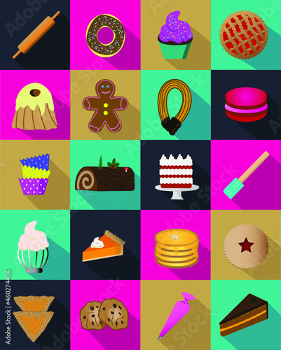 Collection of bakery icon set in colorful cells and boxes. Geometric pictogram set of pies, cakes and everything sweet
