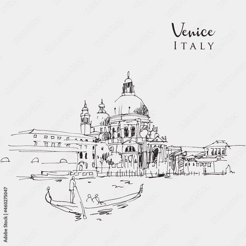 Drawing sketch illustration of Santa Maria della Salute Church in Venice, Italy