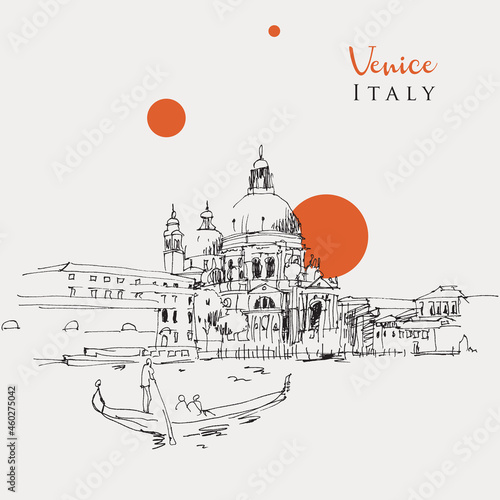 Drawing sketch illustration of Santa Maria della Salute Church in Venice, Italy